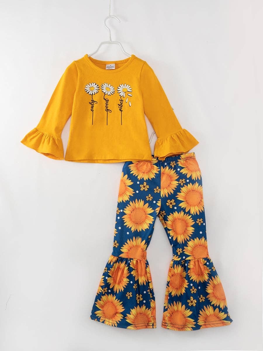 littleoneusa Yellow Sunflower Ruffle Girl Bell Bottom Set Magnolia