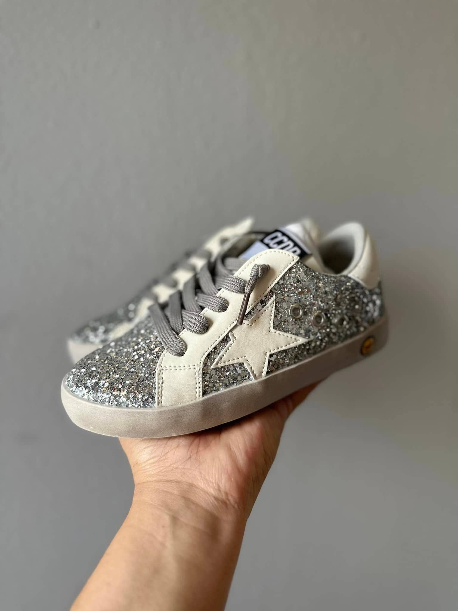 Torn and Trendy Silver Glitter White Star Sneakers Magnolia Outfitters